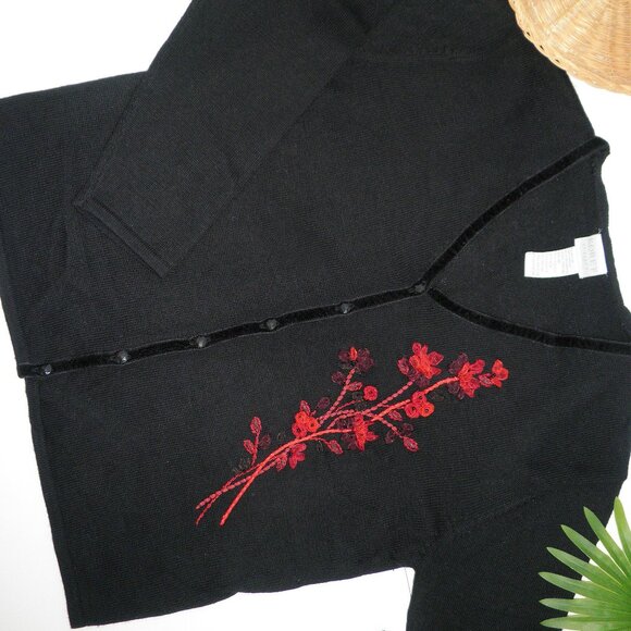 Vintage 90s Black Velvet Trim Wool Cardigan w/ Red Ribbon Floral Accent M - Picture 6 of 9